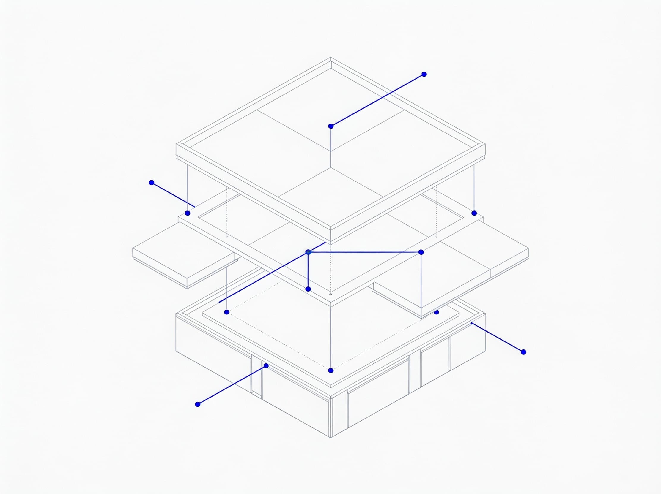 An exploded architectural diagram of a software system, its layers pulled apart and each part labelled
